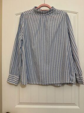 LOFT Blue & White Striped Mandarin Collar Blouse Button back Sz XL